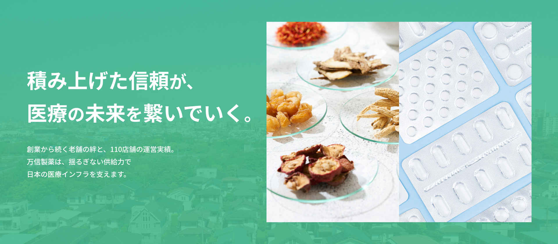 積み上げた信頼が、医療の未来を繋いでいく。 創業から続く老舗の絆と、110店舗の運営実績。 万信製薬は、揺るぎない供給力で 日本の医療インフラを支えます。